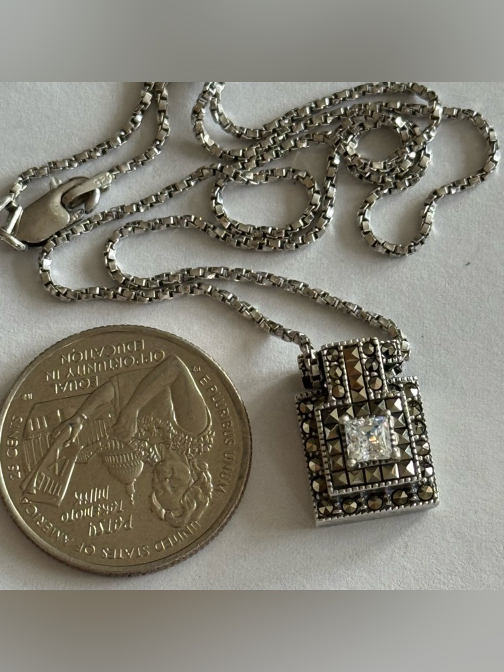 Judith Jack Sterling Marcasite Pendant with Clear Square Stone - Picture 2 of 7